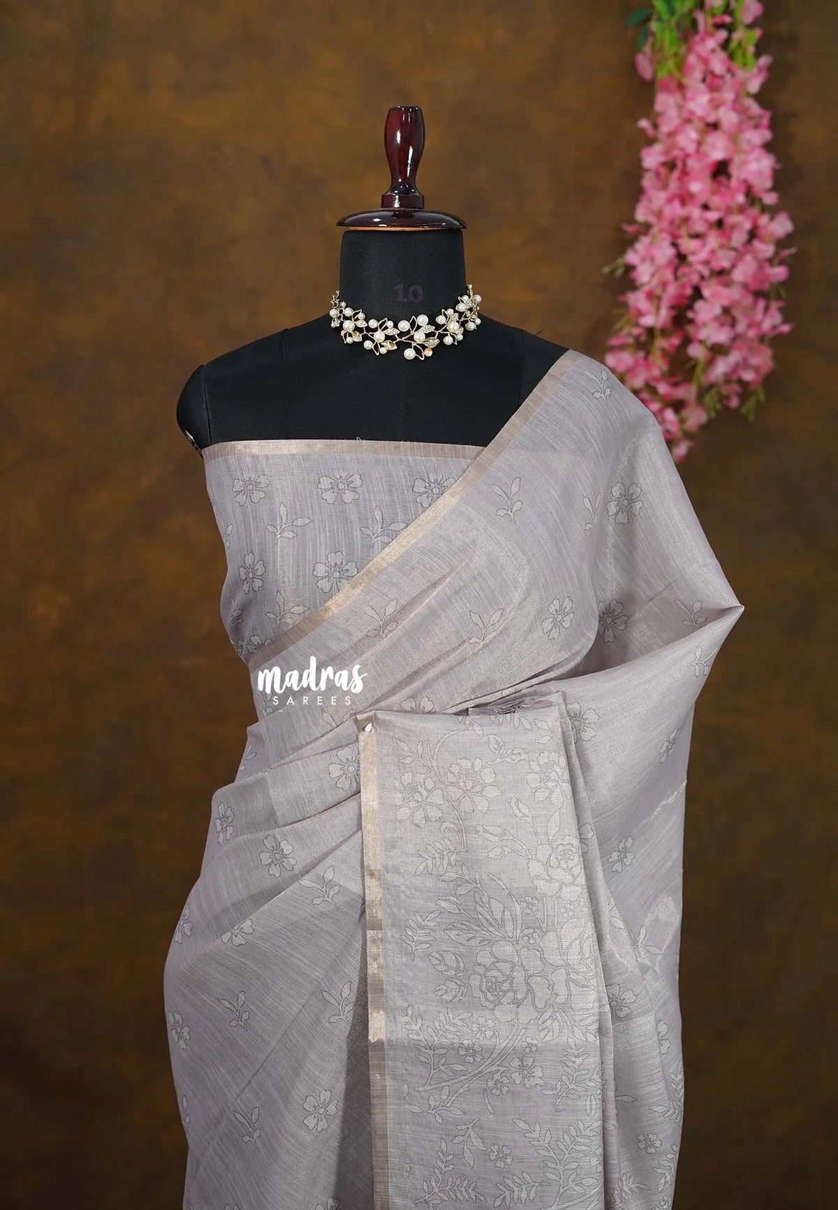 Dove Grey with lilac tint - ANJALI - Soft Tissue linen Saree with Floral Prints - Perfect for Office Wear | corporate meetings | College