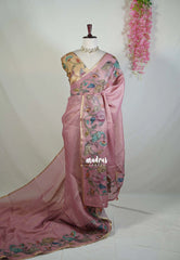 Mauve Pink - Anajali - Soft Tissue Linen Saree with Kalamkari Applique Work Border – Best for Pooja Function | Diwali  Festival