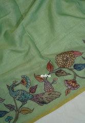 Pista Green - Anajali - Soft Tissue Linen Saree with Kalamkari Applique Work Border – Best for Pooja Function | Diwali  Festival