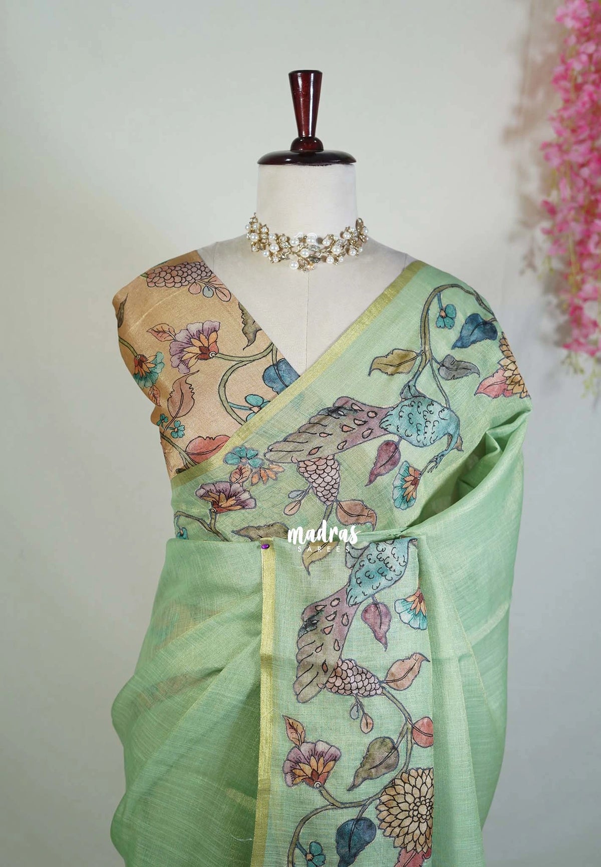 Pista Green - Anajali - Soft Tissue Linen Saree with Kalamkari Applique Work Border – Best for Pooja Function | Diwali  Festival