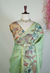 Pista Green - Anajali - Soft Tissue Linen Saree with Kalamkari Applique Work Border – Best for Pooja Function | Diwali  Festival