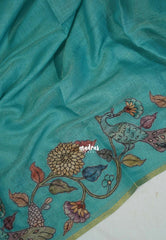 Bluish Green - Anajali - Soft Tissue Linen Saree with Kalamkari Applique Work Border – Best for Pooja Function | Diwali  Festival