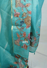 Bluish Green - Anajali - Soft Tissue Linen Saree with Kalamkari Applique Work Border – Best for Pooja Function | Diwali  Festival
