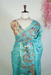 Bluish Green - Anajali - Soft Tissue Linen Saree with Kalamkari Applique Work Border – Best for Pooja Function | Diwali  Festival