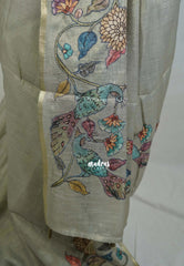 Olive Grey - Anajali - Soft Tissue Linen Saree with Kalamkari Applique Work Border – Best for Pooja Function | Diwali  Festival