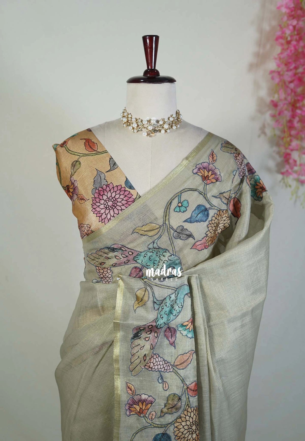 Olive Grey - Anajali - Soft Tissue Linen Saree with Kalamkari Applique Work Border – Best for Pooja Function | Diwali  Festival