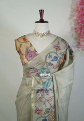 Olive Grey - Anajali - Soft Tissue Linen Saree with Kalamkari Applique Work Border – Best for Pooja Function | Diwali  Festival