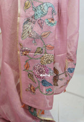 Mauve Pink - Anajali - Soft Tissue Linen Saree with Kalamkari Applique Work Border – Best for Pooja Function | Diwali  Festival