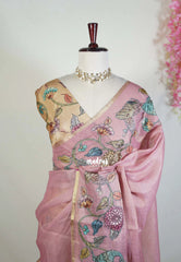 Mauve Pink - Anajali - Soft Tissue Linen Saree with Kalamkari Applique Work Border – Best for Pooja Function | Diwali  Festival
