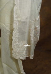 Creamy Dry Elachi Green - ANJALI - Soft Tissue linen Saree with Cut Embroidery Border - Perfect for Festive Wear