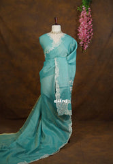 Muted Teal Green - ANJALI - Soft Tissue linen Saree with Cut Embroidery Border - Perfect for Festive Wear