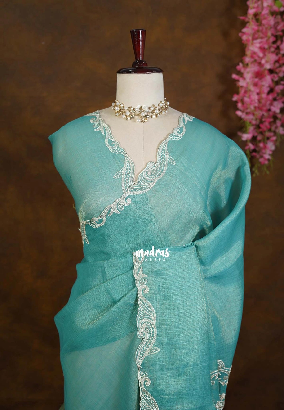 Muted Teal Green - ANJALI - Soft Tissue linen Saree with Cut Embroidery Border - Perfect for Festive Wear