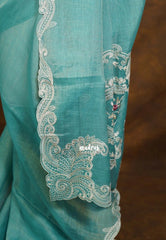 Muted Teal Green - ANJALI - Soft Tissue linen Saree with Cut Embroidery Border - Perfect for Festive Wear