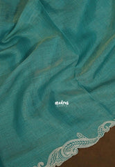 Muted Teal Green - ANJALI - Soft Tissue linen Saree with Cut Embroidery Border - Perfect for Festive Wear