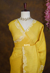 Mustard Yellow - ANJALI - Soft Tissue linen Saree with Cut Embroidery Border - Perfect for Festive Wear