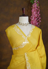 Mustard Yellow - ANJALI - Soft Tissue linen Saree with Cut Embroidery Border - Perfect for Festive Wear