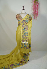Yellowish Green - Anajali - Soft Tissue Linen Saree with Kalamkari Applique Work Border – Best for Pooja Function | Diwali  Festival