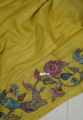 Yellowish Green - Anajali - Soft Tissue Linen Saree with Kalamkari Applique Work Border – Best for Pooja Function | Diwali  Festival