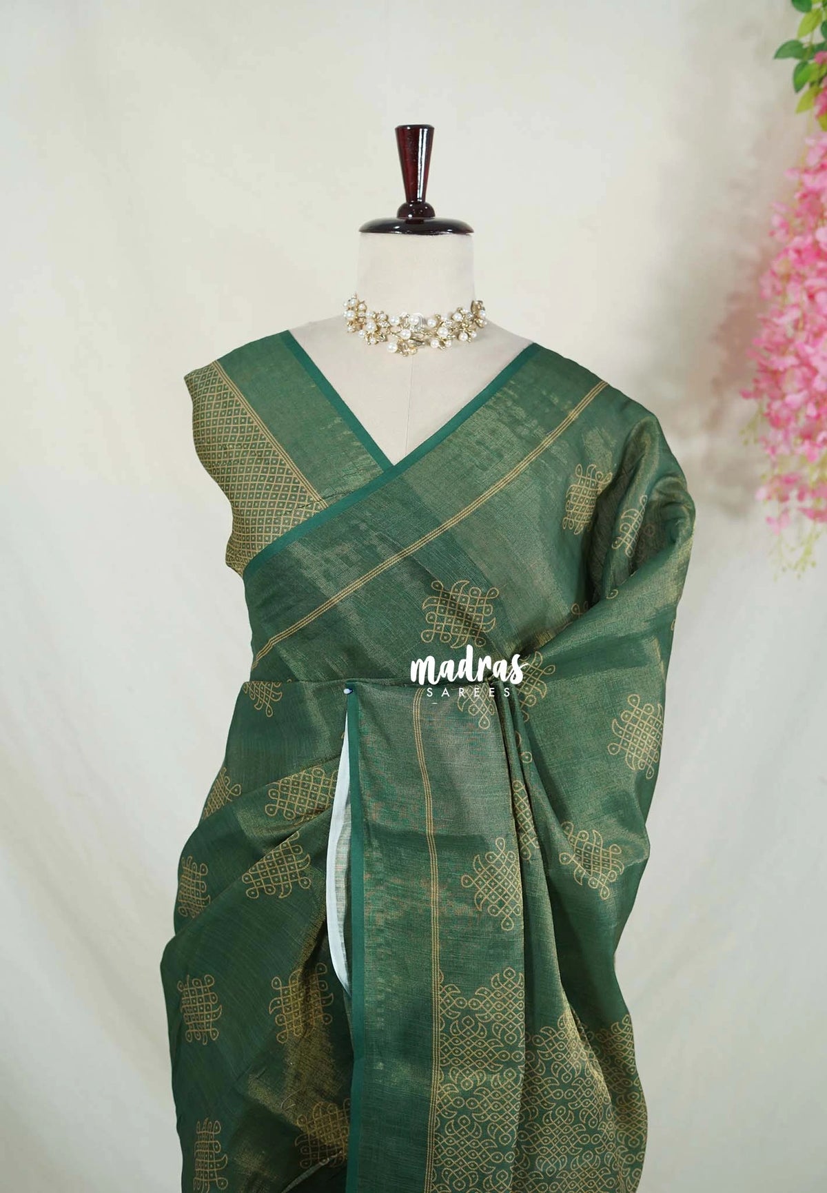 Dark Green - ANJALI - Soft Tissue linen Saree with Kolam Prints - Perfect for Festive Wear