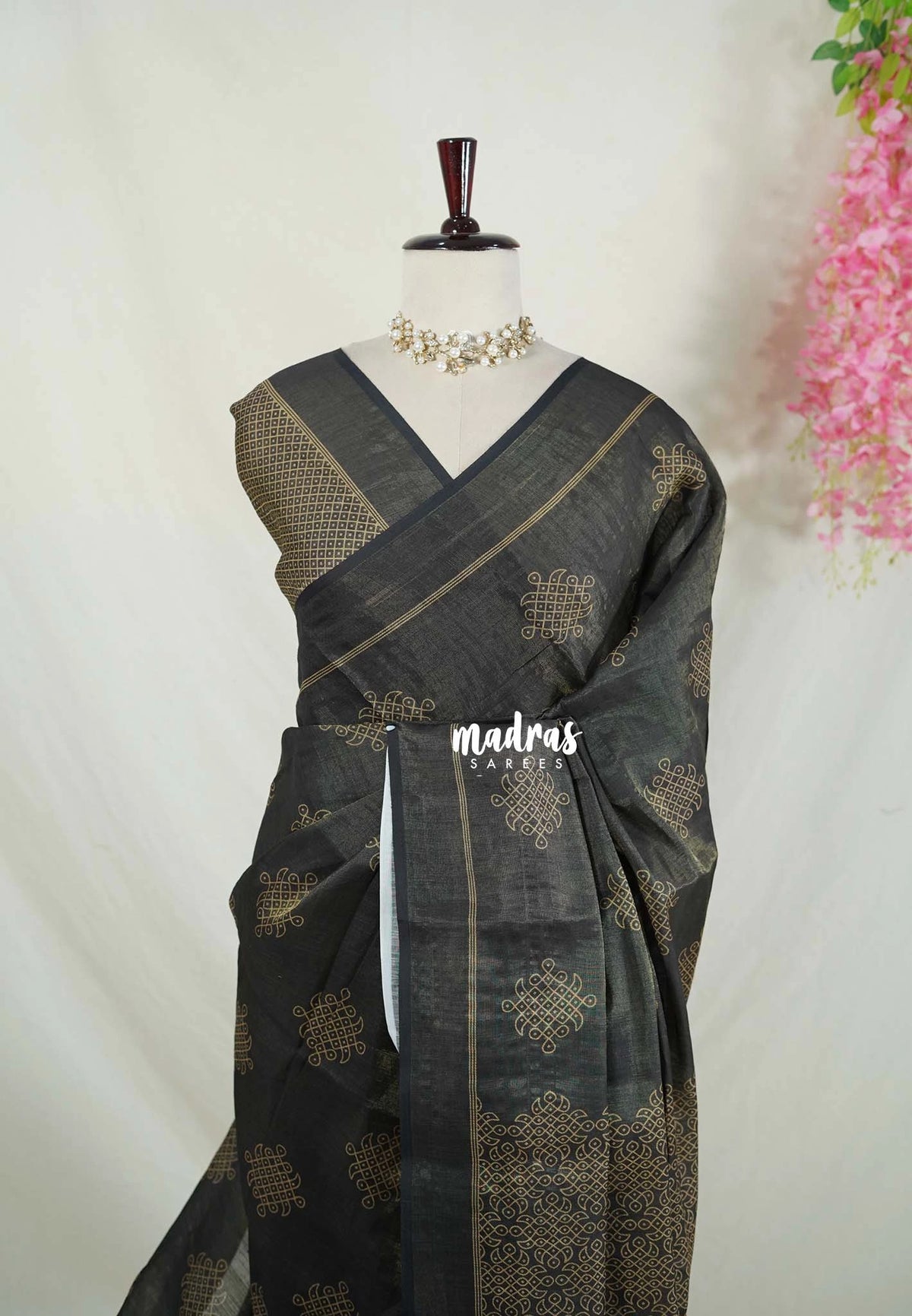 Nightfall Black - ANJALI - Soft Tissue linen Saree with Kolam Prints - Perfect for Festive Wear