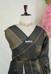 Nightfall Black - ANJALI - Soft Tissue linen Saree with Kolam Prints - Perfect for Festive Wear