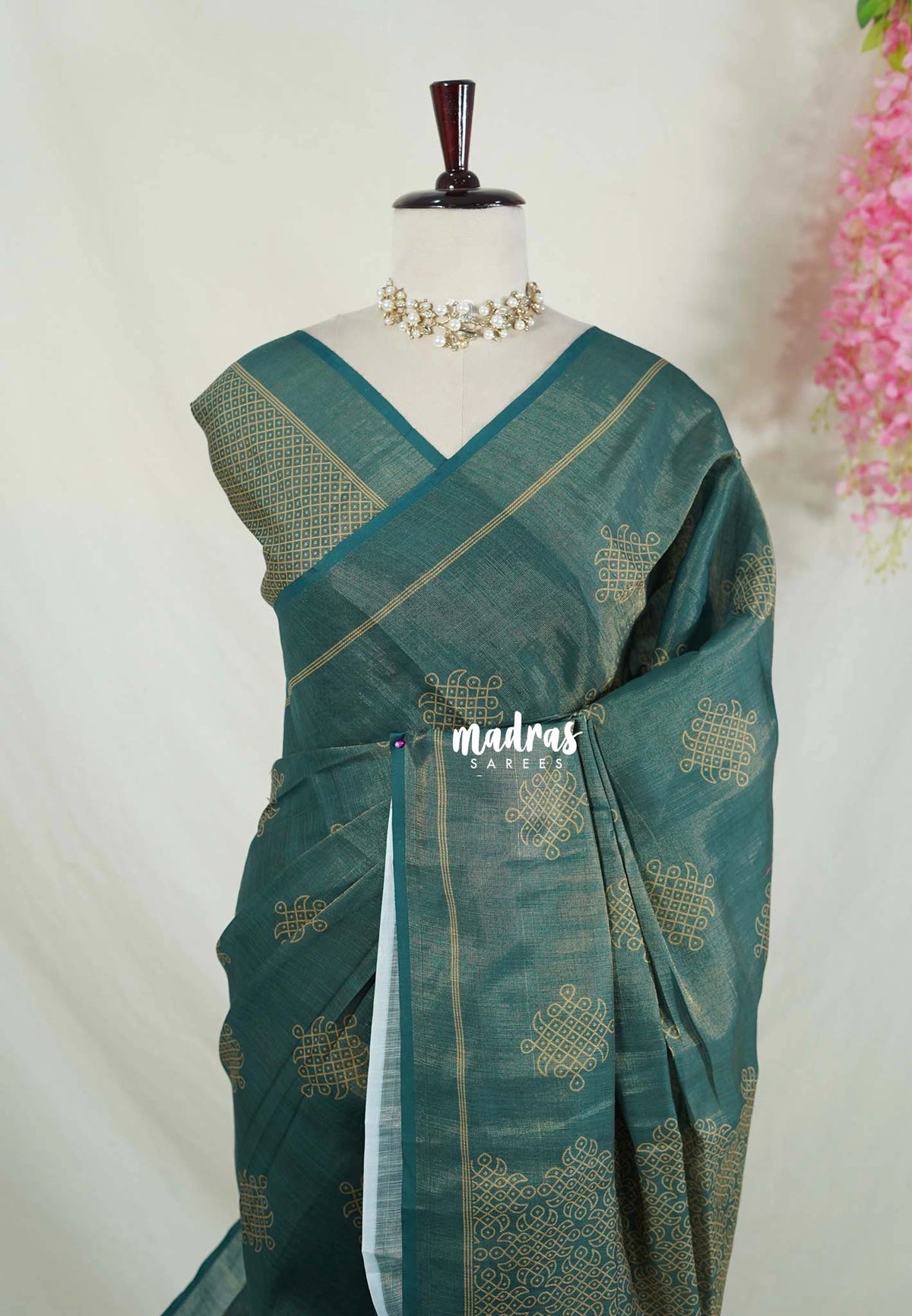Teal Green - ANJALI - Soft Tissue linen Saree with Kolam Prints - Perfect for Festive Wear