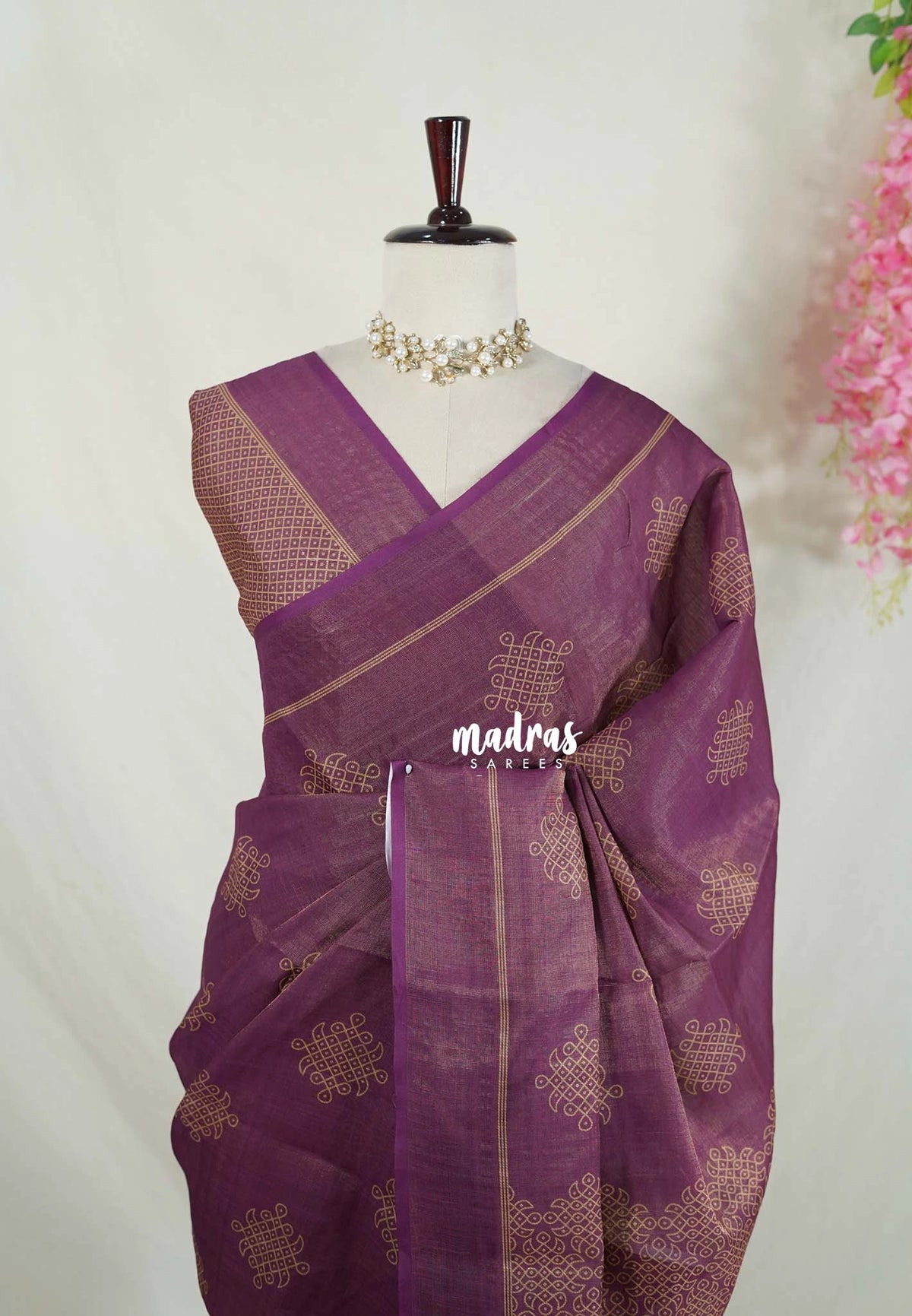 Wine Purple - ANJALI - Soft Tissue linen Saree with Kolam Prints - Perfect for Festive Wear