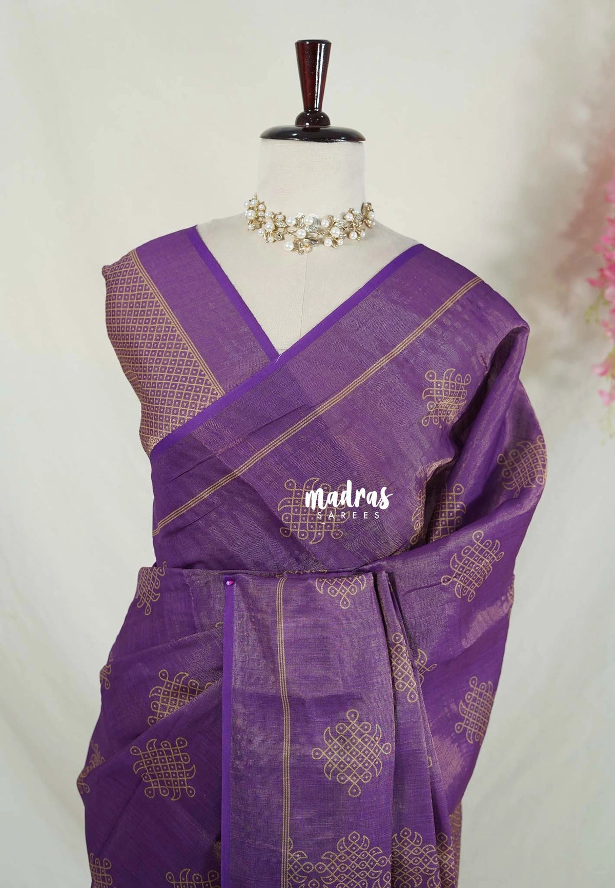 Royal Purple - ANJALI - Soft Tissue linen Saree with Kolam Prints - Perfect for Festive Wear