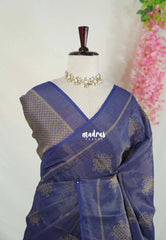 Midnight Blue - ANJALI - Soft Tissue linen Saree with Kolam Prints - Perfect for Festive Wear