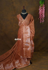Pastel Rust Brown - ANJALI - Soft Tissue linen with Scallop and Pichwai Cow Print  - Best for Casual Wear | small function |