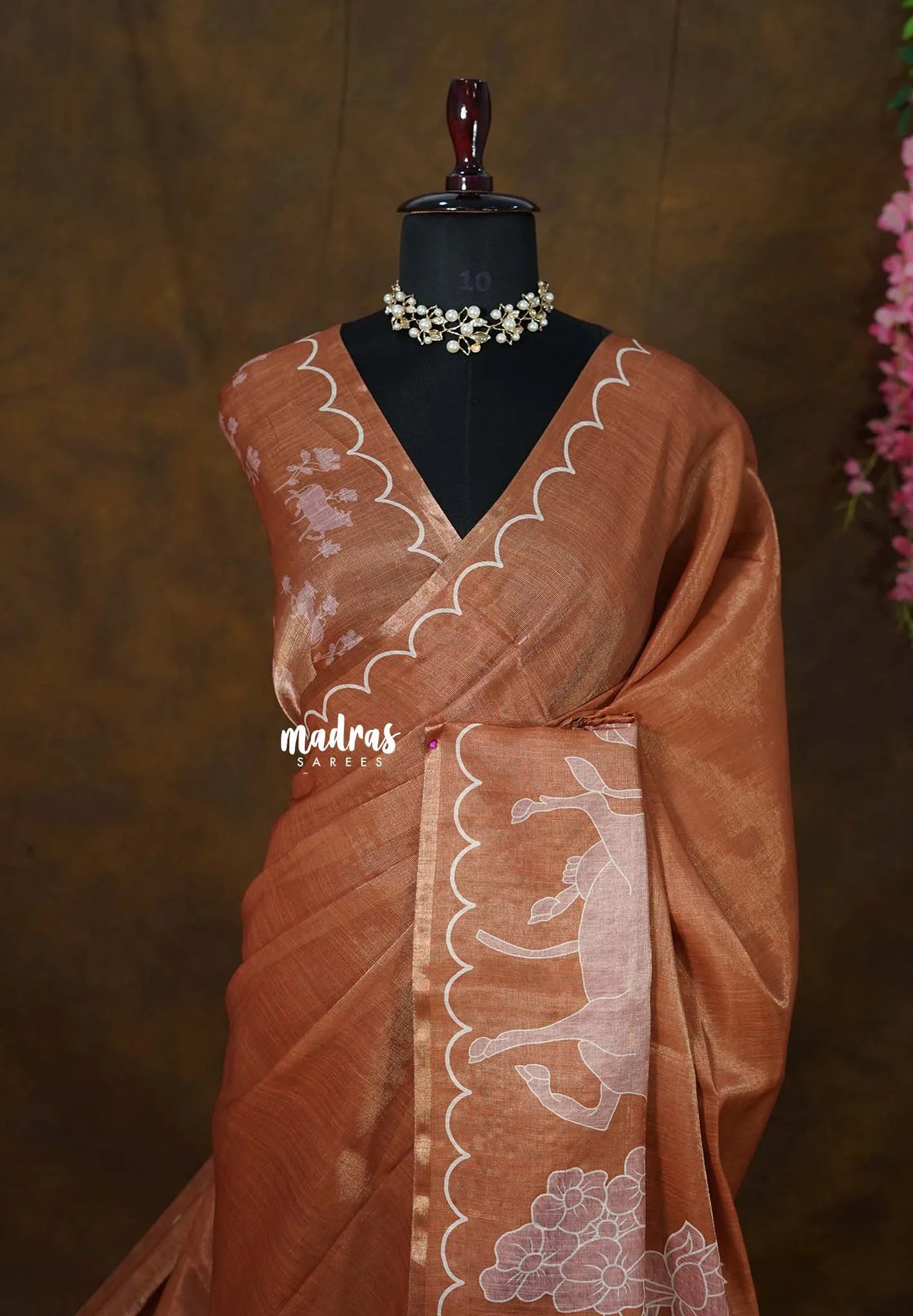 Pastel Rust Brown - ANJALI - Soft Tissue linen with Scallop and Pichwai Cow Print  - Best for Casual Wear | small function |
