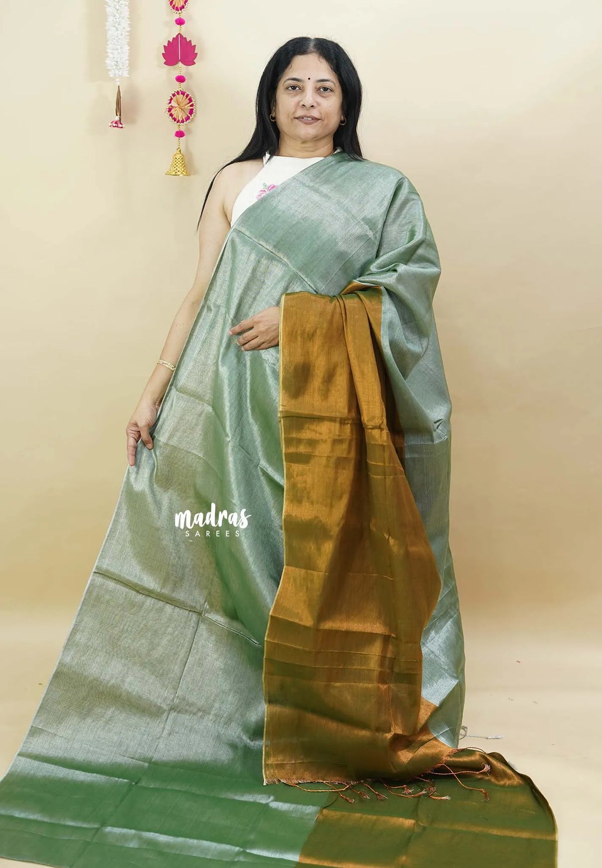 Apple Green - Soft Gold and silver Half and Half Tissue khadi - Best for Haldi / Mehendi function