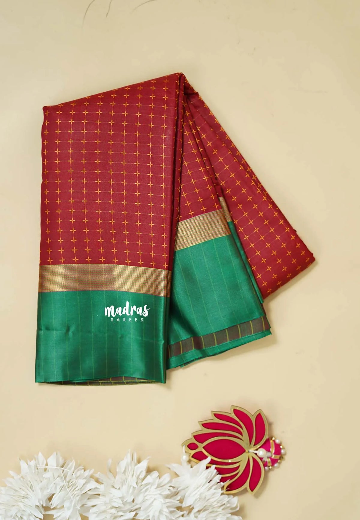 Majestic Maroon and Green - Arani semi silk saree with weaving plus buttas