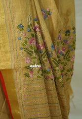 Muted Sandal - Artisan Crafeted Soft Tissue linen Saree with Intricate Hand Embroidered French Knot Work