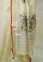 Ivory Beige - Artisan Crafeted Soft Tissue linen Saree with Intricate Hand Embroidered French Knot Work