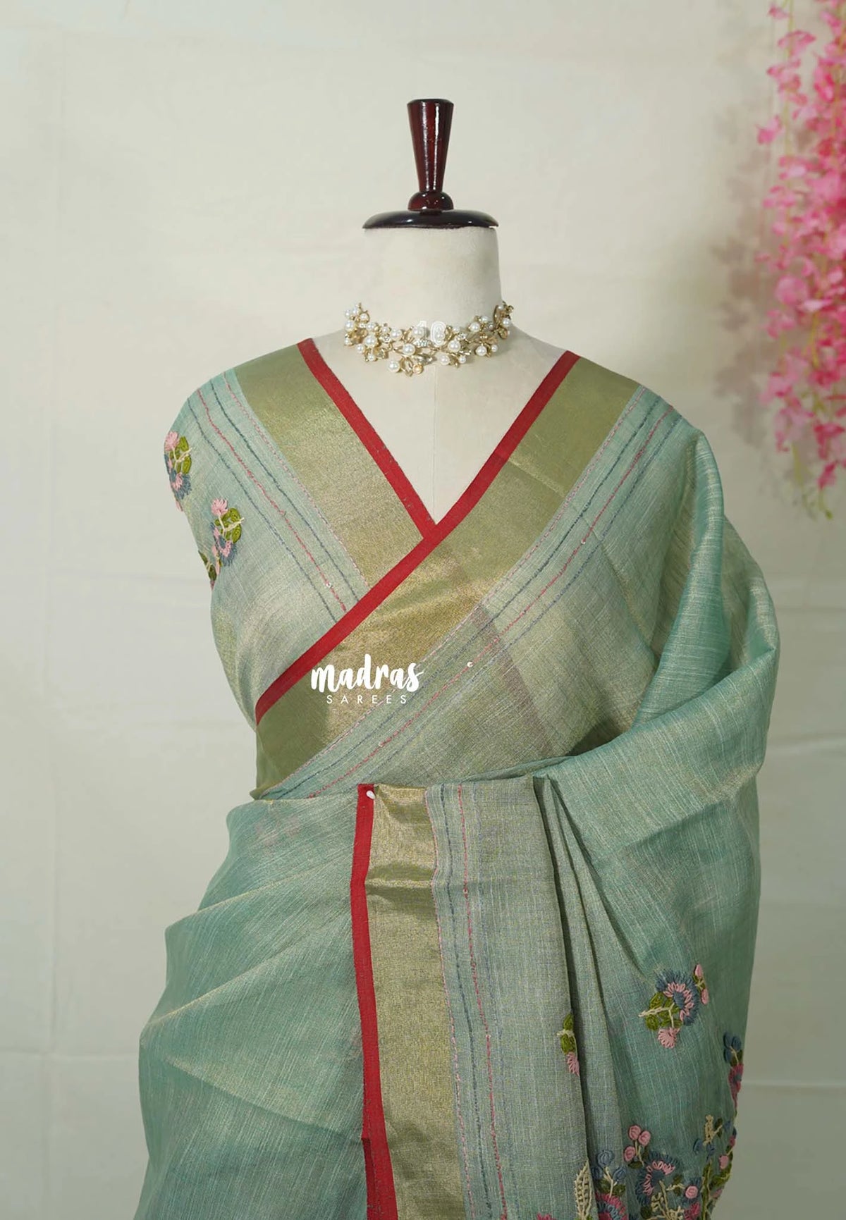 Muted Sage - Artisan Crafeted Soft Tissue linen Saree with Intricate Hand Embroidered French Knot Work