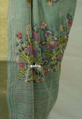 Muted Sage - Artisan Crafeted Soft Tissue linen Saree with Intricate Hand Embroidered French Knot Work