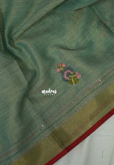 Muted Sage - Artisan Crafeted Soft Tissue linen Saree with Intricate Hand Embroidered French Knot Work