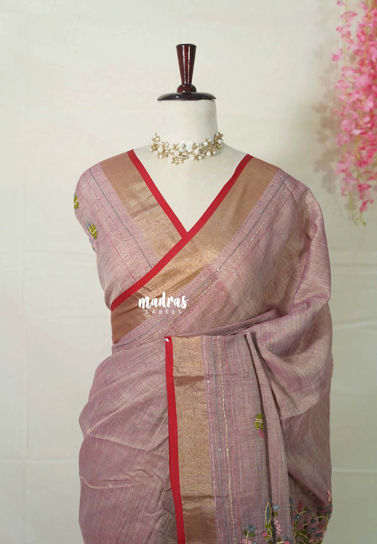 Muted Onion Pink - Artisan Crafeted Soft Tissue linen Saree with Intricate Hand Embroidered French Knot Work
