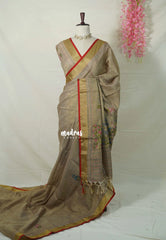French Beige - Artisan Crafeted Soft Tissue linen Saree with Intricate Hand Embroidered French Knot Work