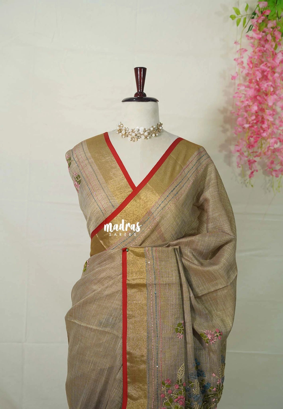 French Beige - Artisan Crafeted Soft Tissue linen Saree with Intricate Hand Embroidered French Knot Work