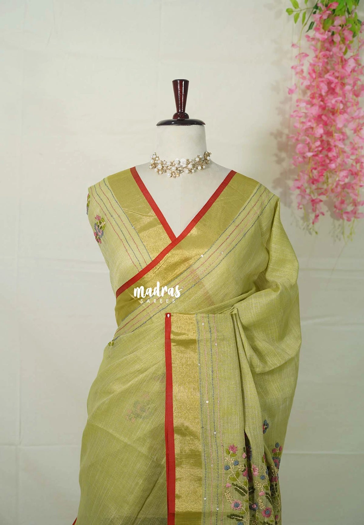 Pastel Mehndi Green - Artisan Crafeted Soft Tissue linen Saree with Intricate Hand Embroidered French Knot Work