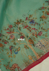 Muted Seafoam Green - Artisan Crafeted Soft Tissue linen Saree with Intricate Hand Embroidered French Knot Work