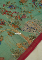 Muted Seafoam Green - Artisan Crafeted Soft Tissue linen Saree with Intricate Hand Embroidered French Knot Work