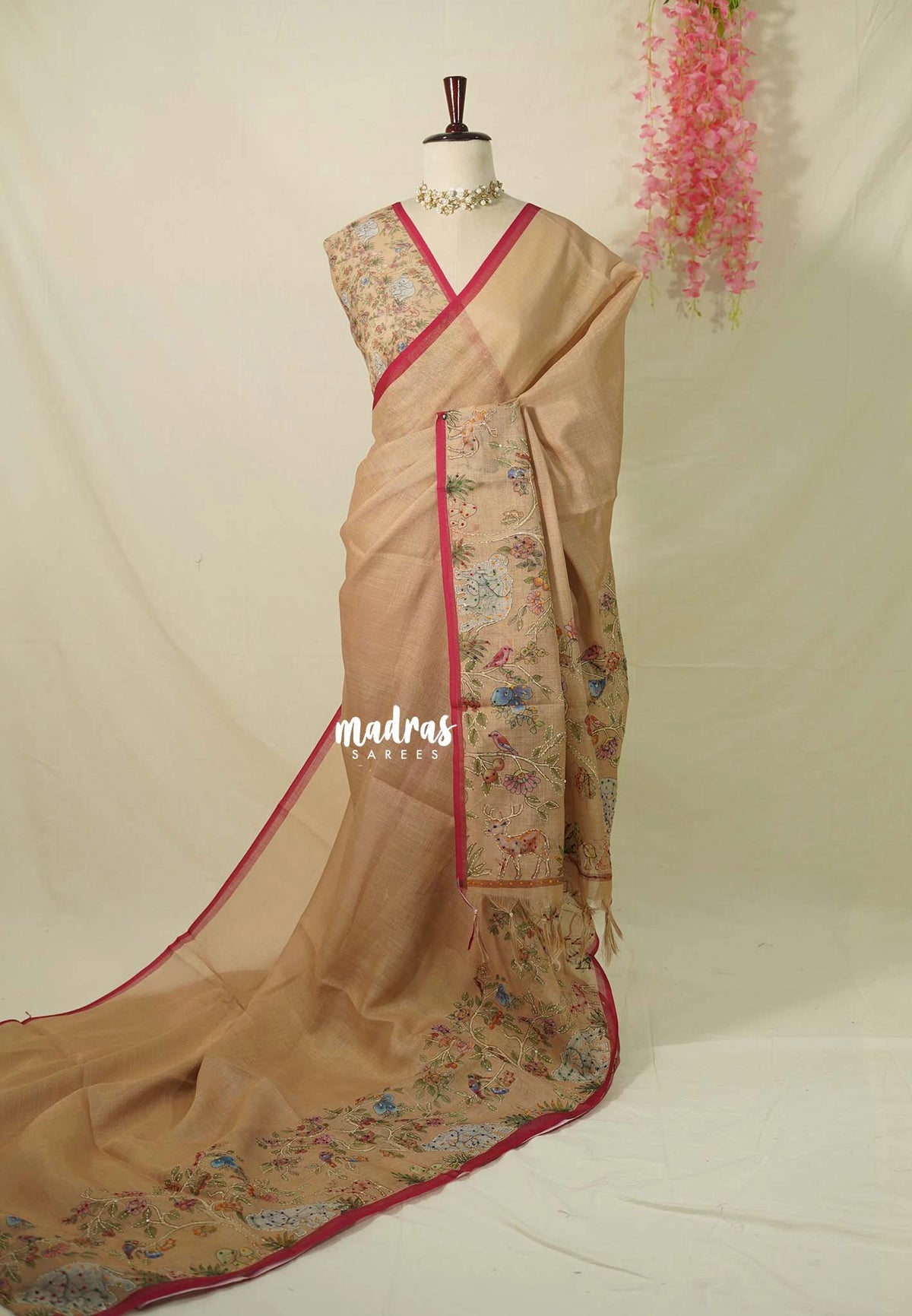 Muted Beige Sandal - Artisan Crafeted Soft Tissue linen Saree with Intricate Hand Embroidered French Knot Work
