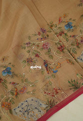Muted Beige Sandal - Artisan Crafeted Soft Tissue linen Saree with Intricate Hand Embroidered French Knot Work