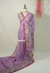 Muted Lilac Purple - Artisan Crafeted Soft Tissue linen Saree with Intricate Hand Embroidered French Knot Work