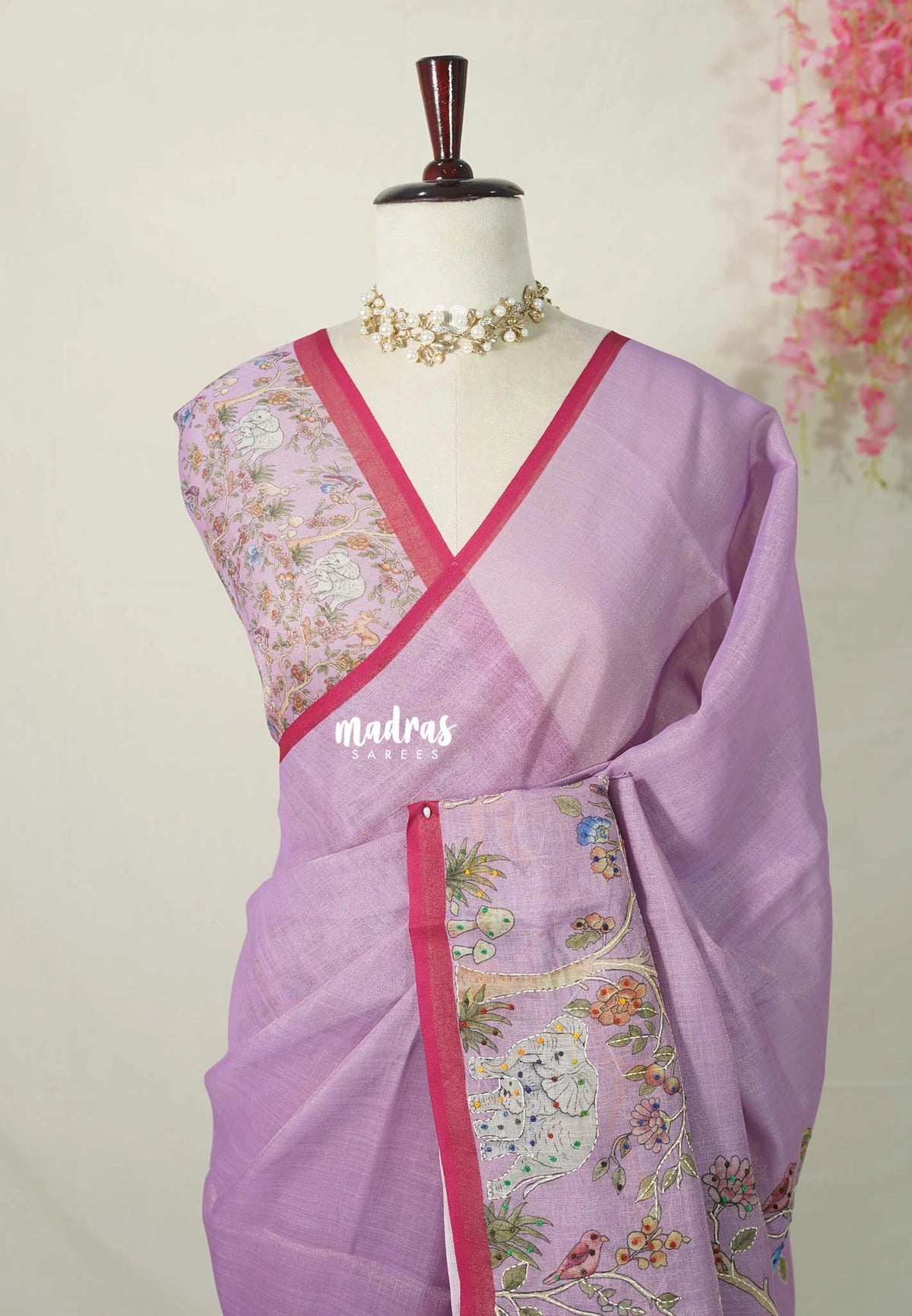 Muted Lilac Purple - Artisan Crafeted Soft Tissue linen Saree with Intricate Hand Embroidered French Knot Work