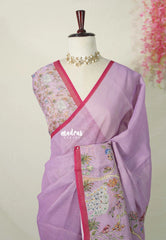 Muted Lilac Purple - Artisan Crafeted Soft Tissue linen Saree with Intricate Hand Embroidered French Knot Work
