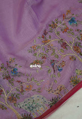 Muted Lilac Purple - Artisan Crafeted Soft Tissue linen Saree with Intricate Hand Embroidered French Knot Work